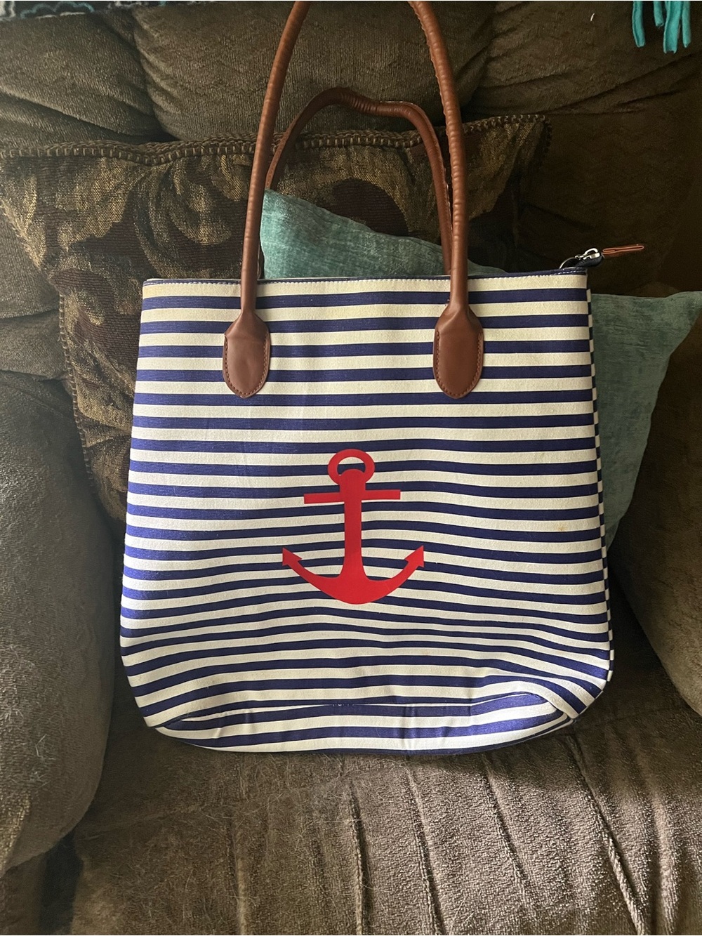 Striped Navy & White Tote with Red Anchor Accent